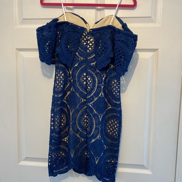 Lulu’s Bellissimo Navy Blue Lace Off-the-Shoulder Bodycon Dress Size Medium - Picture 5 of 10